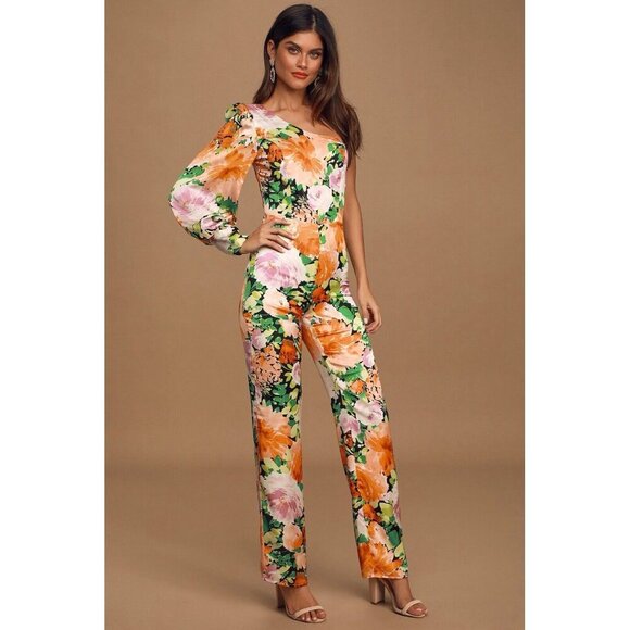 Lulu’s Lovin' It Orange Multi Floral Print Satin One-Shoulder Jumpsuit Size S - Picture 3 of 16